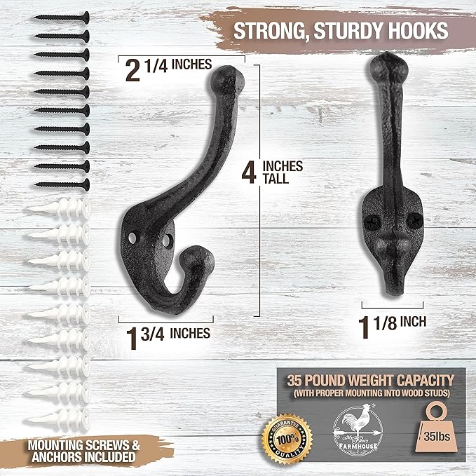 Rustic Cast Iron Coat Hooks (5 Pack) Wall Mounted Farmhouse Decorative Wall Hooks, Vintage Hooks for Hanging Coats, Bags, Hats, Towels (Antique Black, Includes Hardware)