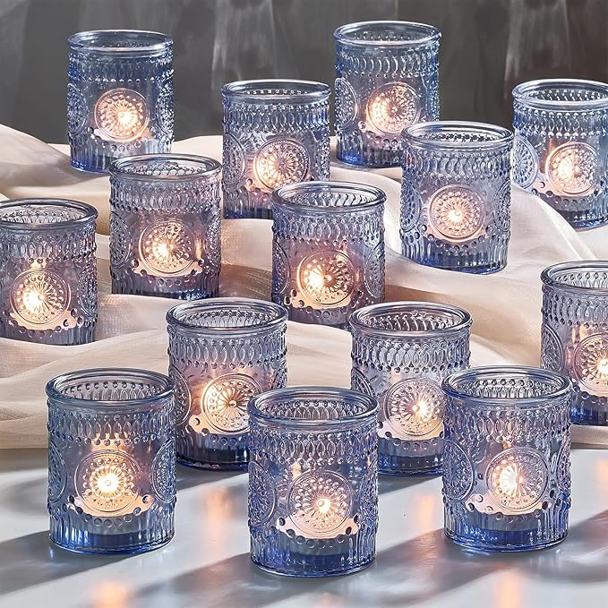 30 Pack Clear Glass Votive Candle Holders, Vintage Candle Holder Bulk, Tealight Candle Holders for Table Centerpieces, Home, Bridal Shower, Birthday, Christmas, Thanksgiving Party Table Decor (Blue)
