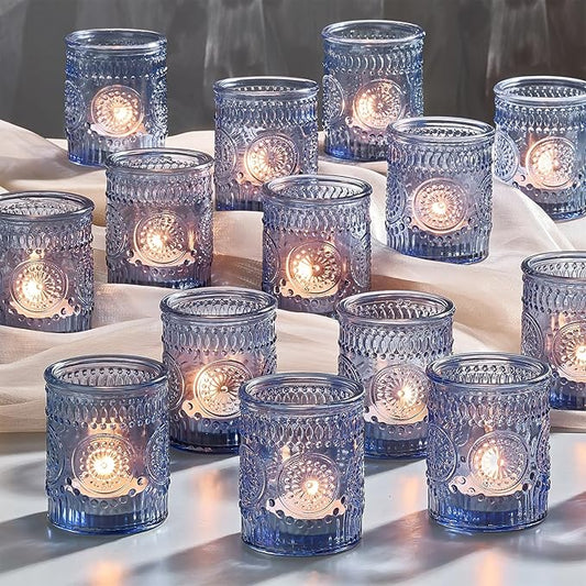 30 Pack Clear Glass Votive Candle Holders, Vintage Candle Holder Bulk, Tealight Candle Holders for Table Centerpieces, Home, Bridal Shower, Birthday, Christmas, Thanksgiving Party Table Decor (Blue)