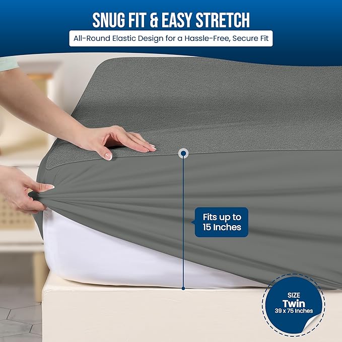 Utopia Bedding Waterproof Mattress Protector Twin Size, Premium Terry Mattress Cover 200 GSM, Breathable, Fitted Style with Stretchable Pockets (Gray)