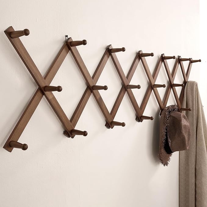 SKOLOO Hat Rack for Wall with 20 Hooks, Solid Wooden, Modern, Expandable Coat Rack Wall Mount for Coats, Hats, Bags, Baseball Caps, Walnut Color