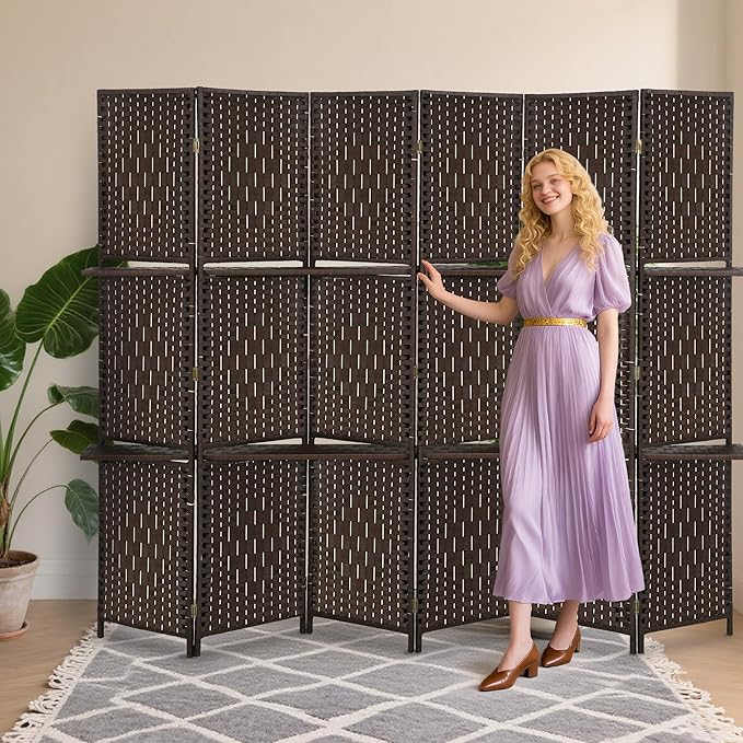 Room Divider 6 Panel Room Screen Divider Folding Portable partition Screen Wood with Removable Storage Shelves, Dark Brown