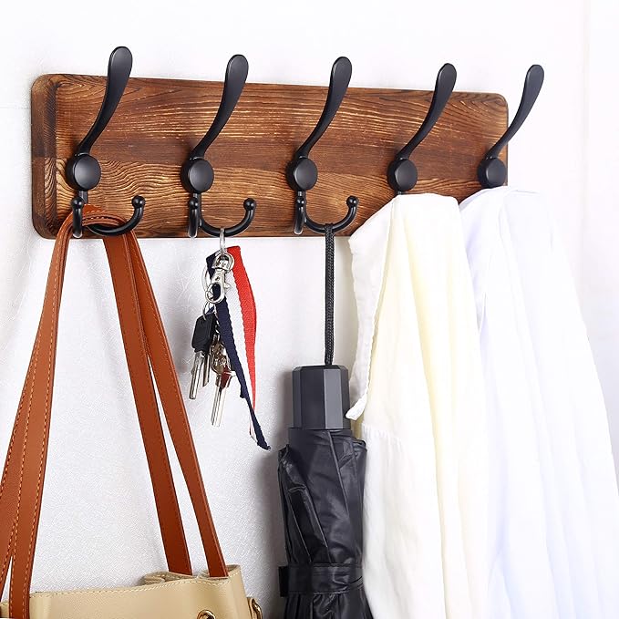 WEBI Rustic Coat Rack Wall Mount,Wood Coat Hooks Wall Mounted Coat Hanger,16" Hole to Hole,Hook Rack Rail,5 Triple Hooks for Hanging Coats,Hats,Jacket,Clothes,Entryway,Black,2 Packs