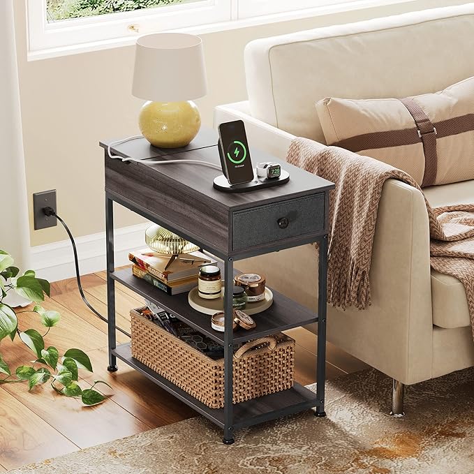 WLIVE Small Side Tables with Charging Station, Narrow End Table for Bedroom/Living Room, Sofa Couch Side Table with Storage for Small Spaces, Home Office, USB Ports and Outlets, Grey