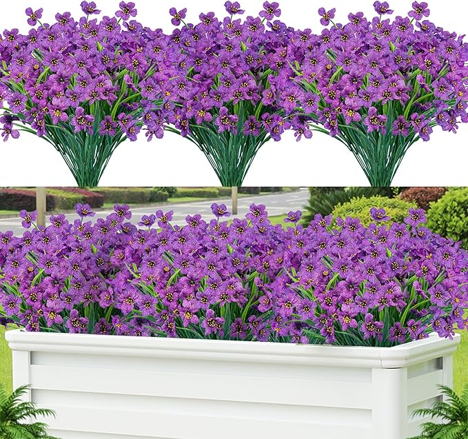 Lnoicy 12 Pcs Artificial Flowers for Outdoor,Plastic Flowers Decoration, UV Resistant Faux Flowers Shrubs, Artificial Plants for Indoor Outside Garden Home Wedding Farmhouse（Purple）