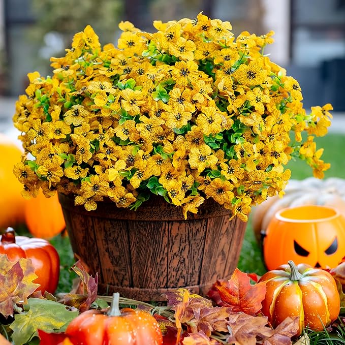 Artificial Fall Flowers for Outdoors Fake Mums - 16 Bundles Faux Plants Outside Greenery Boxwood No Fade Plastic Shrubs Decor Farmhouse Home Garden Thanksgiving (Yellow)
