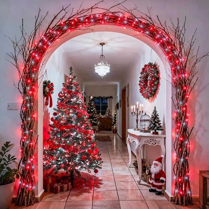 JMEXSUSS 2 Pack Red and White Battery Christmas Lights, Each 33ft 100 LED Battery Powered String Lights with Remote for Tree Patio Yard House Party Birthday Outside