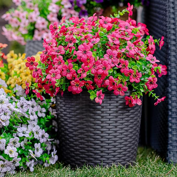 Artificial Flowers for Outdoors Fake Plants - 16 Bundles Faux Outside Greenery Boxwood No Fade Plastic Shrubs Fall Decor Farmhouse Home Garden Thanksgiving Mums (Red)