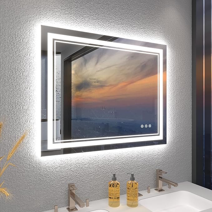 40x32 Inch LED Mirror for Bathroom, Rectangle Lighted Bathroom Mirrors Wall Mounted for Vanity Restroom Bedroom Frameless Modern Design with Backlit & 2 Front Lit, Anti-Fog, Dimmable, 1 Minute Install