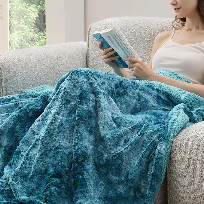 Bedsure GentleSoft Sherpa Fluffy Blanket Twin Size - Fleece Warm and Cozy Throw for Women Gift, Plush & Fuzzy Faux Fur Christmas Blanket for Couch, Sofa, Bed Decor, Tie Dye Design, Teal, 60x80 Inches