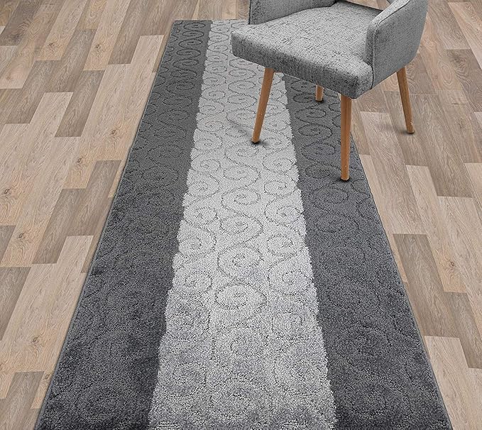 Custom Size Modern Runner Rug Carpet for Hallway Entryway Foyer Kitchen, Slip Resistant Latex Rubber Backed 31 inch Wide X Customized Length, Scroll Grey, 31 inch X 8 feet