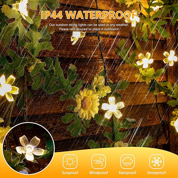 oopswow Solar Flower String Lights,2PACK 50 LED Solar Fairy Light Outdoor Waterproof,Cherry Blossoms String Lights for Fence Patio Yard Christmas Tree,Lawn,Patio,Garden Decoration(Warm White)