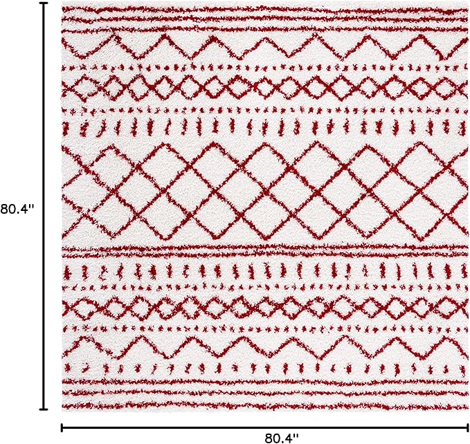SAFAVIEH Arizona Shag Collection Area Rug - 6'7" Square, Ivory & Red, Moroccan Design, Non-Shedding & Easy Care, 1.6-inch Thick Ideal for High Traffic Areas in Living Room, Bedroom (ASG741P)