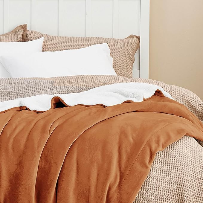 Bedsure GentleSoft Sherpa Fleece Blankets Queen Size for Bed - Thick and Warm Throw for Women and Men, Soft Fuzzy Plush Queen Blanket for Winter, Burnt Orange, 90x90 Inches
