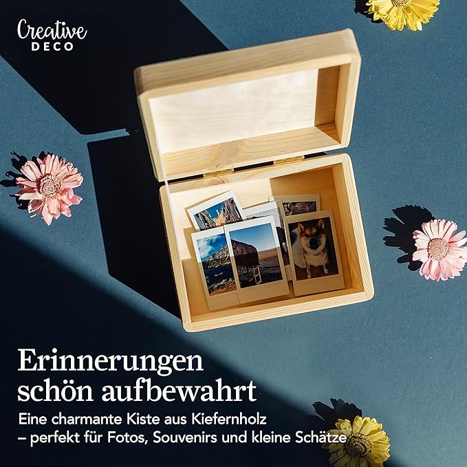 Large Plain Wooden Storage Box with Lid | 7.67x5.90x3.93in (+/-0.39in) | Hinged Lid | Unpainted Gift Box Kitchen Storage | Rough & UNSANDED Wood Keepsake Memory Craft Chest