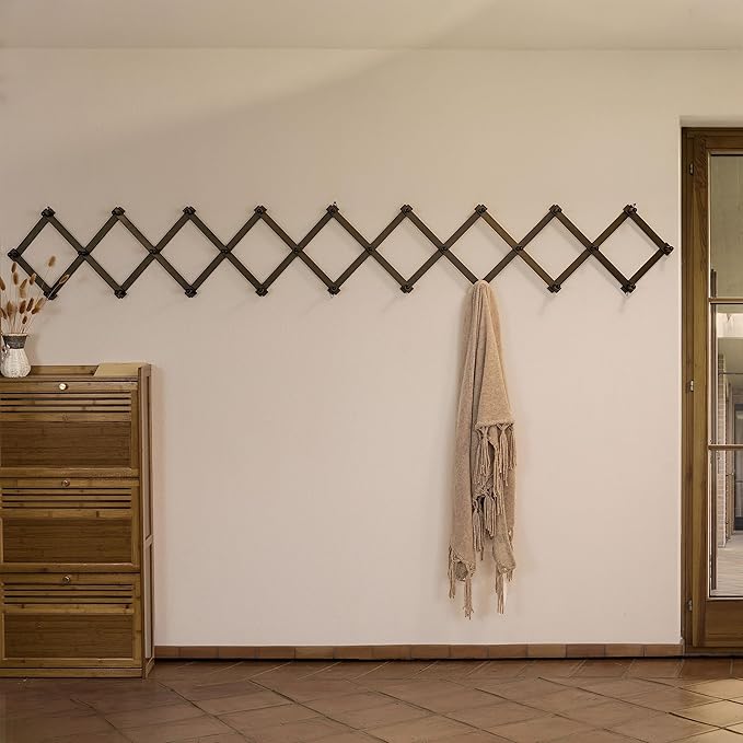 SKOLOO Accordion Wall Hanger with 28 Hooks, Modern Expandable Coat Rack Hat Rack for Wall, Solid Wooden, Dark Walnut Color