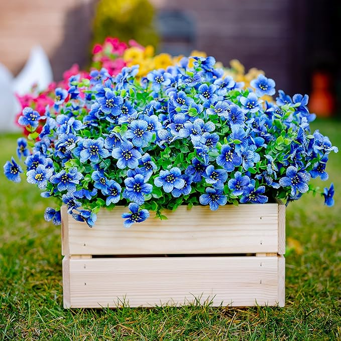 Artificial Flowers for Outdoors Fake Plants - 16 Bundles Faux Outside Greenery Boxwood No Fade Plastic Shrubs Fall Decor Farmhouse Home Garden (Blue)