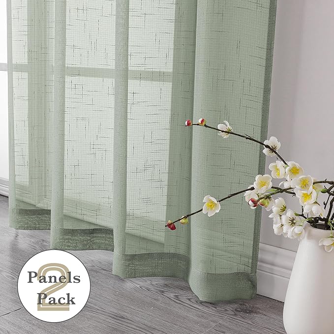 Aiyufeng Kirei Sage Green Linen Sheer Curtains 84 Inch Length 2Panels Set, Flax Textured Semi Sheer Vertical Drapes Privacy with Light Filter for Home Office/Farm House, W40 x L84, Sage Green, 1 Pair