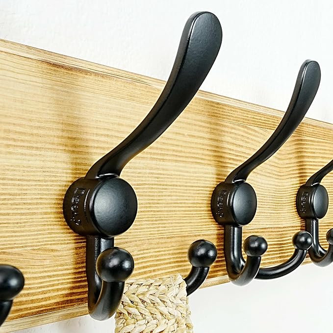 Dseap Coat Rack Wall Mount - Heavy-Duty Robust Rustic Wooden Wall Coat Hanger Hook Rail with 5 Triple Hooks for Winter Jacket & Hat Clothing, Light Brown & Black