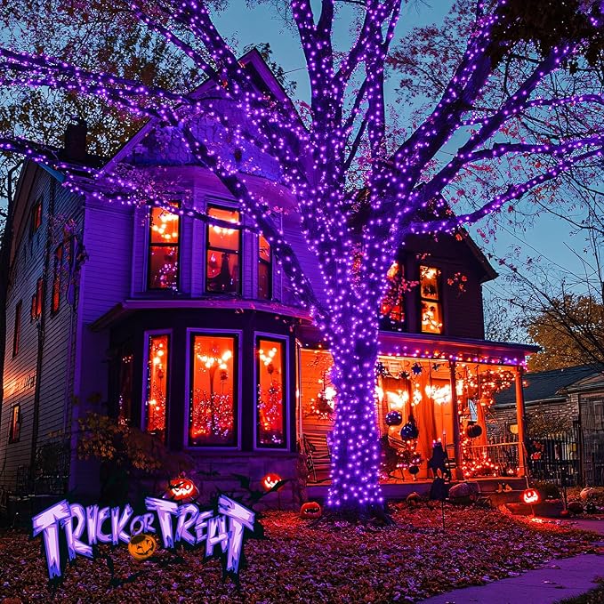 JMEXSUSS 33ft 100 LED Purple Lights for Halloween Decorations, Purple Battery Operated Lights with Remote Indoor Outdoor, String Lights for Halloween Christmas Decor