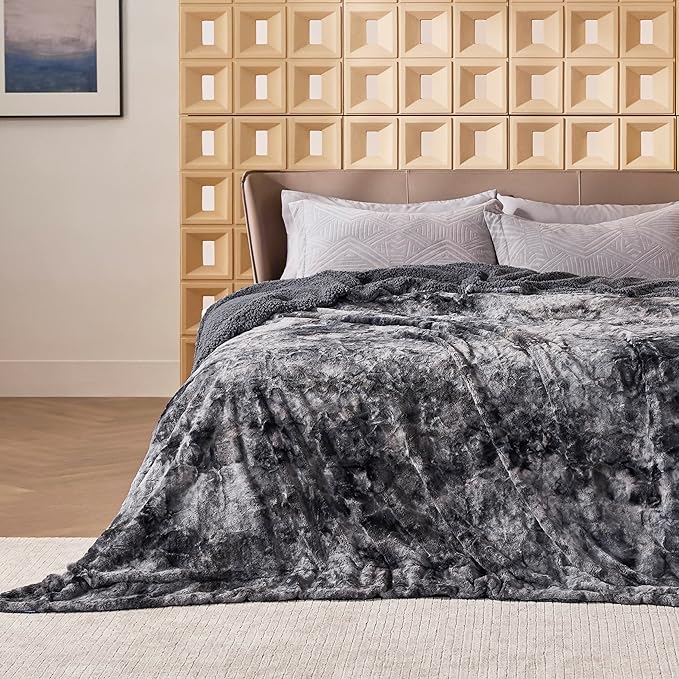 Bedsure GentleSoft Sherpa Fluffy Blanket Queen Size for Bed - Fleece Warm and Cozy for Women Gift, Plush & Fuzzy Faux Fur Christmas Blanket for Couch, Sofa Decor, Tie Dye Design, Grey, 90x90 Inches