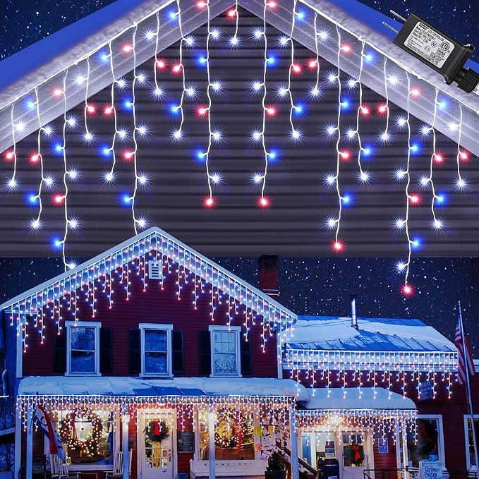 Toodour Red White Blue Christmas Icicle Lights, 29.5ft 360 LED Icicle Lights, 8 Modes, 60 Drops, Window Curtain Led Christmas Light, Icicle Twinkle Light for Eaves, Party, Wedding, Xmas Decorations