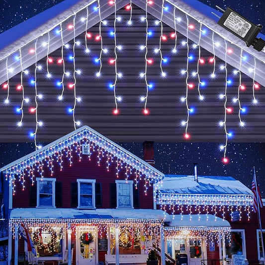 Toodour Red White Blue Christmas Icicle Lights, 29.5ft 360 LED Icicle Lights, 8 Modes, 60 Drops, Window Curtain Led Christmas Light, Icicle Twinkle Light for Eaves, Party, Wedding, Xmas Decorations