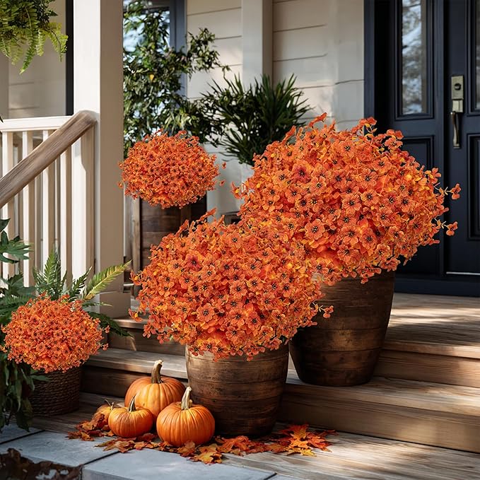 Artificial Fall Flowers Outdoor Fake Mums - 16 Bundles Fake Plants UV Resistant No Fade Faux Plastic Greenery Garden Porch Patio Fall Home Decor (Orangeyellow)