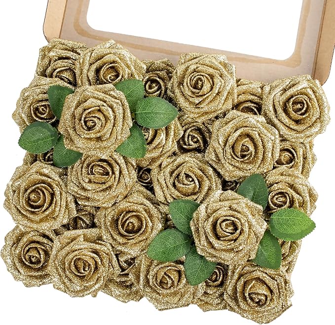 MACTING 30PCS Artificial Flowers Real Touch Foam Roses with Stem Fake Glitter Flowers for DIY Wedding Bouquet Table Centerpieces Party Holiday Wreath Home Spring Easter Mothers Day Decorations(Gold)