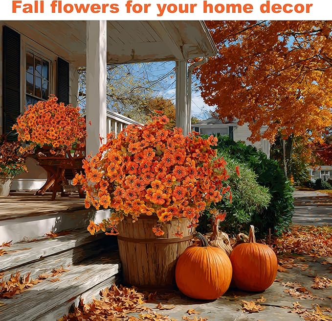Artificial Fall Flowers Outdoor Fake Mums - 16 Bundles Fake Plants UV Resistant No Fade Faux Plastic Greenery Garden Porch Patio Fall Home Decor (Orangegreen)