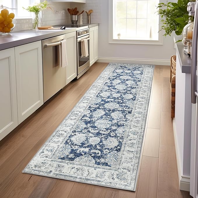 jinchan Hallway Runner Rug 3x10 Machine Washable Runner Rug Dark Blue Vintage Floral Design Non-Slip Low Pile Ultra-Thin for Kitchen Laundry Room Bedroom Farmhouse (3‘x10',Dark Blue)