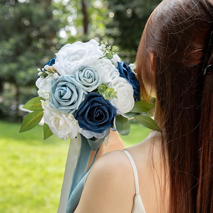 ponatia Dusty Blue Wedding Bouquets for Bride Bridesmaid, White Wedding Artificial Roses Flowers for Wedding Bouquets Ceremony, Anniversary (Dusty Blue & White)