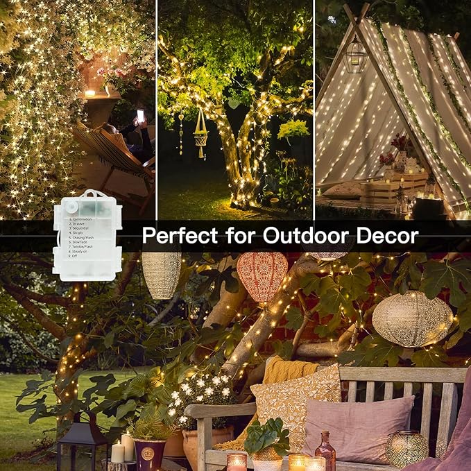 suddus 66ft 200 LED Outdoor String Lights, Warm White Christmas Fairy Light Battery Operated with Remote, Led Twinkle Lights for Bedroom, Dorm, Patio, Fireplace, Backyard, Garden, Xmas, Party, Indoor