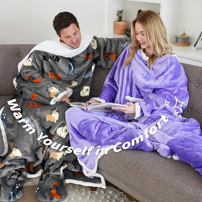 Catalonia Sherpa Wearable Blanket with Sleeves & Foot Pockets for Adult Women Men, Comfy Snuggly Wrap Sleeved Throw Blanket Robe, Gift Idea
