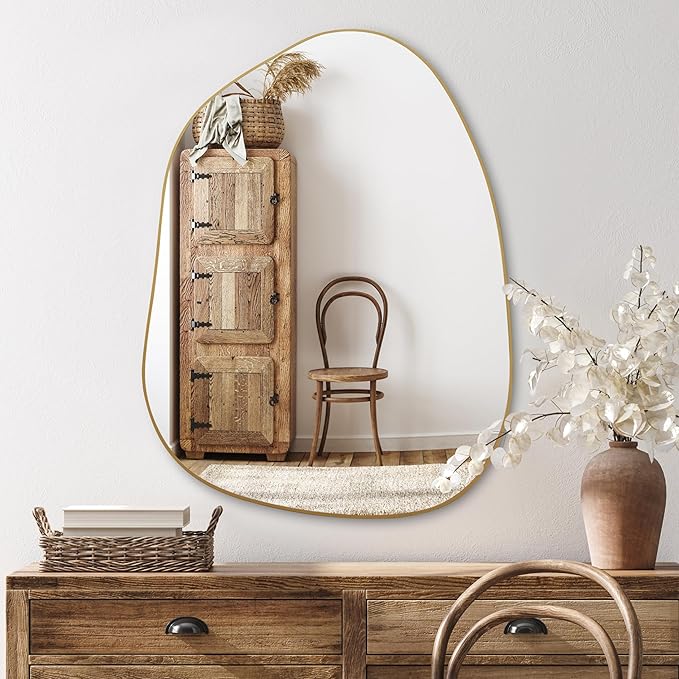 PERFNIQUE Irregular Wall Mirror Asymmetrical Mirror, 32''x24'' Gold Mirror for Bathroom Bedroom Living Room Entryway, Decorative Modern Boho Decor, Wall Mouted(Gold, 32''x24'')