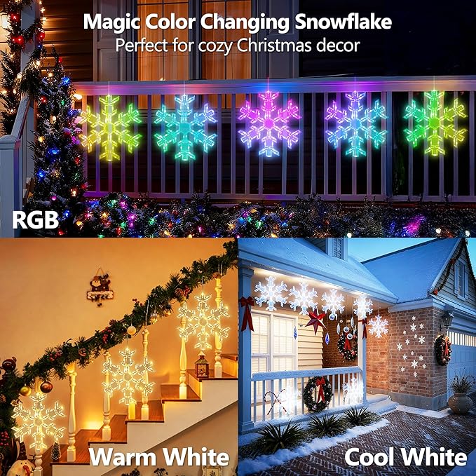 BrizLabs 2 Pack Christmas Window Lights with Remote, 61 Modes, Warm & Cool White & RGB Color Changing 12" Foldable Snowflake Hanging Christmas Lights for Xmas Indoor Outdoor Wall Door Fireplace Decor