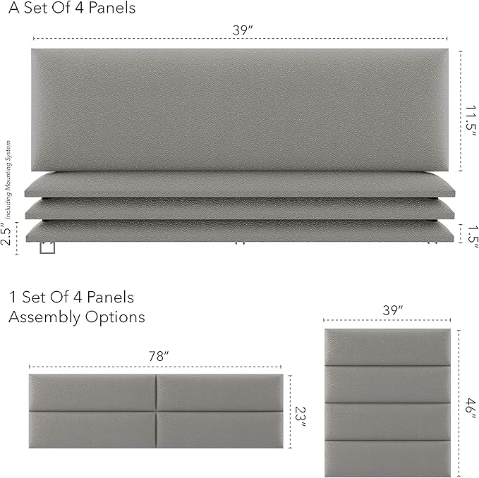 Vänt Upholstered Wall Panels - King/Cal King Size Wall Mounted Headboards - Zigrino Mineral - Twin/King - Set of 4 Panels (Each Individual Panel 39"x11.5")