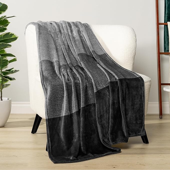 Pavilia Black Ombre Fleece Blanket for Twin Size Bed, Soft Plush Lightweight Cozy Microfiber Gift Decorative Blanket, 60x80