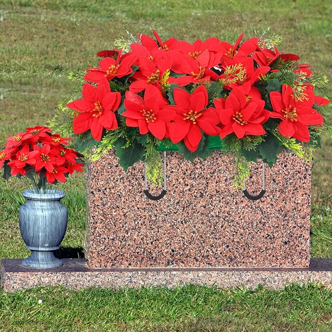 Christmas Cemetery Decorations for Grave Headstone Flower Saddle Artificial Flower Saddles Red Poinsettia Outdoor Memorial Headstone Realistic Bouquet(Red,Classic Style)