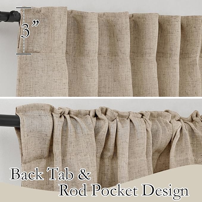 RYB HOME Natural Linen Blend Sheer Curtains for Kitchen, Semi Sheer Light Filtering Privacy Protected Rod Pocket & Back Tab Curtain Panels for Small Window, 52 x 45 inch, Khaki, 2 Panels Set