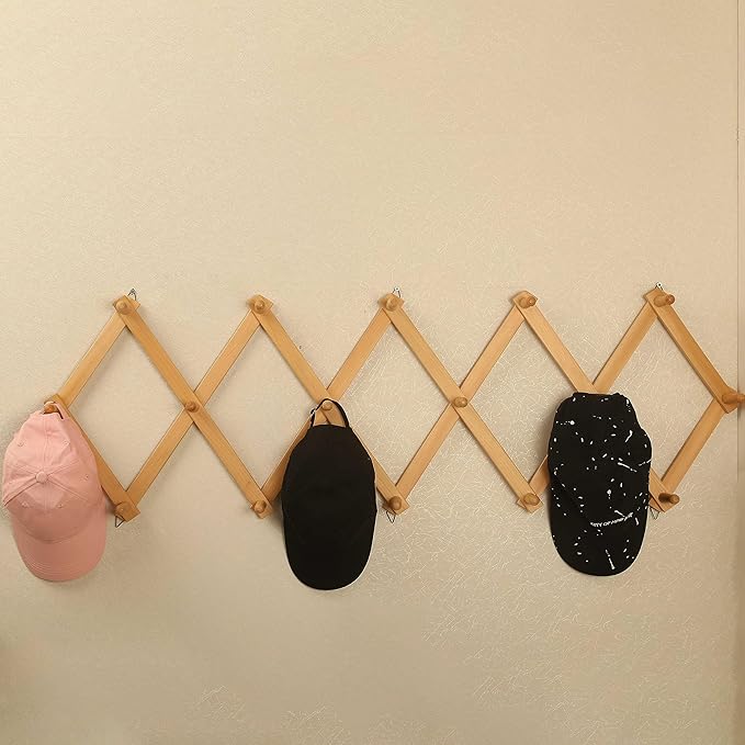 WEBI Accordion Wall Hanger,Expandable Wooden Coat Rack Wall Mounted,Accordion Hat Rack for Wall Rack for Hats,Caps,16 Peg Hooks,Natural