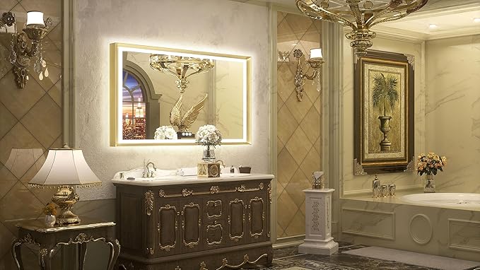 TETOTE 48x30 LED Bathroom Mirror with Lights Gold Metal Framed Front & Back Light Vanity Mirror Baroque Antifog Stepless Dimmable White/Warm/Natural,CRI90+,Waterproof,Wall Mounted(Horizontal/Vertical)