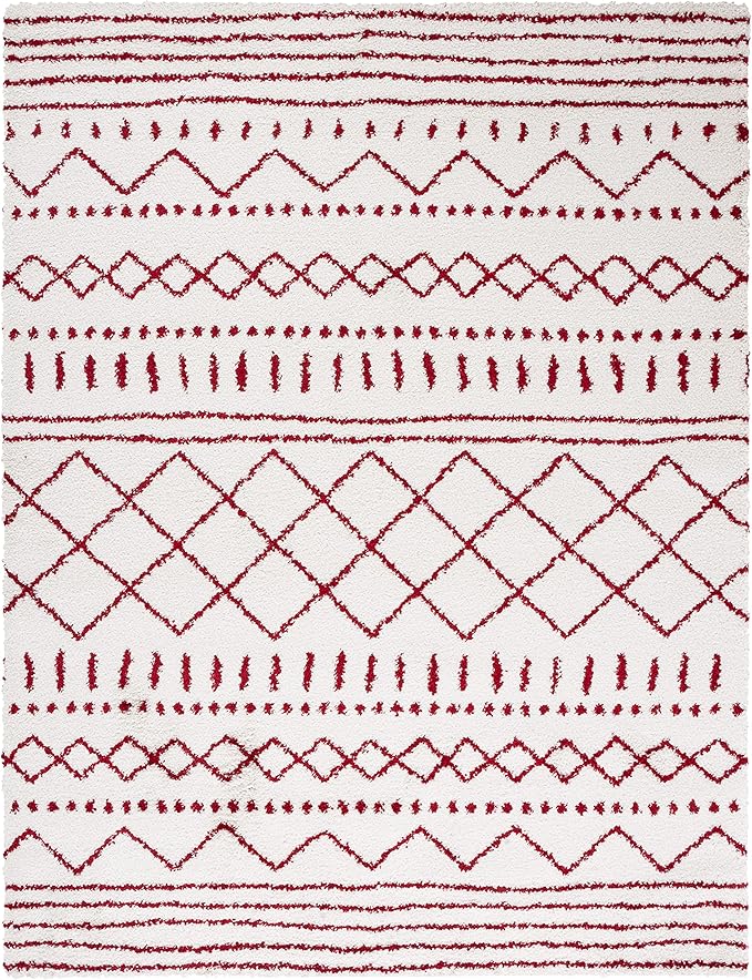 SAFAVIEH Arizona Shag Collection Area Rug - 9' x 12', Ivory & Red, Moroccan Design, Non-Shedding & Easy Care, 1.6-inch Thick Ideal for High Traffic Areas in Living Room, Bedroom (ASG741P)