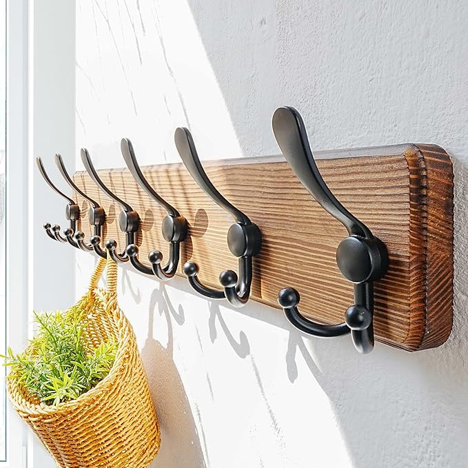 Dseap Coat Rack Wall Mounted - 24" Long 6 Tri Hooks, Heavy Duty Wooden Wall Coat Hanger Coat Hook for Clothes Hat Jacket Clothing, Natural and Black