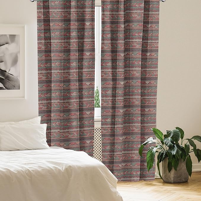 Ambesonne Boho Window Curtains, Hand Drawn Inspired Print of Triangles Colorful Latin American Folklore Motifs, Lightweight Decor 2-Panel Set with Rod Pocket, Pair of - 28" x 84", Maroon Coral