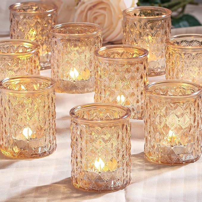12pcs Gold Votive Candle Holders- Tealight Candle Holder for Table Centerpiece, Glass Candle Holder for Wedding Table Decor, Home Decor and Party Decor