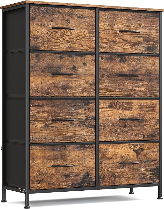 SONGMICS Dresser for Bedroom, Chest of Drawers, Steel, MDF, 8 Non-Woven Fabric Drawers, Storage Organizer Unit, Closet, Entryway, Rustic Brown and Ink Black LGS124B02S