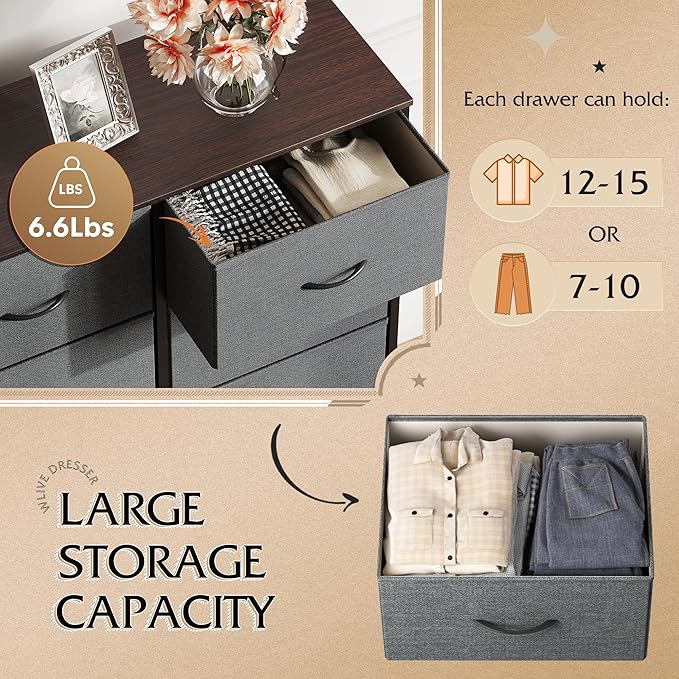 WLIVE Grey Dresser for Bedroom with 10 Fabric Drawers, Tall Organizer Units for Living Room, Clothing, Closet, Storage Tower with Cabinet, Metal Frame, Wooden Top, Furniture