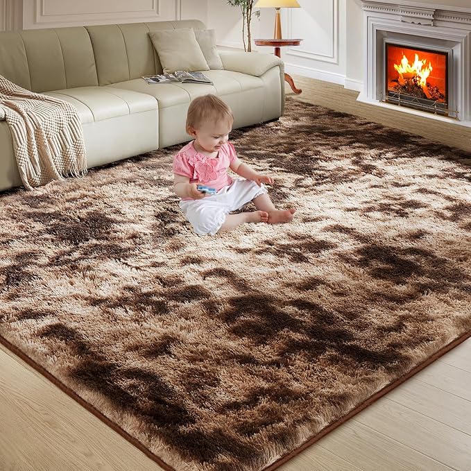 Ultra Soft Rug for Living Room, 3X5 Fluffy Shag Area Rug for Bedroom, Modern Shaggy Carpets Fuzzy Rug for Teens Dorm Nursery Home Decor Aesthetic, Upgrade Anti-Skid Durable, Tie-Dyed Coffee
