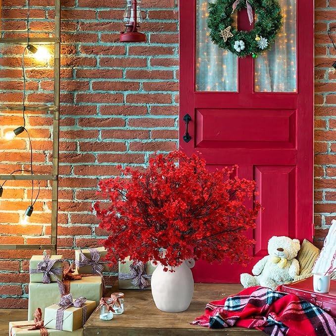 Lyrow 24 Pcs Red Babys Breath Artificial Christmas Picks Decoration Xmas Fake Flowers Stems Gypsophila Bushes Floral Arrangement Bulk for Home Indoor Table Decor(Red)